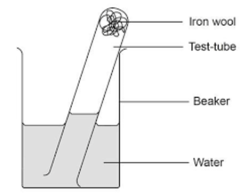 <p>place iron wool in a test tube </p><p>invert the test tube in the beaker that has water </p><p>leave for several days </p><p>what happens is that the iron reacts with the oxygen in the tube, and the water rises to replace the oxygen that has been removed by the iron wool reacting with the oxygen. </p><p></p><p>Measure the change I the water level </p>
