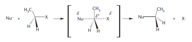 <p>the nucleophile attacks the compound at the same time as the leaving group leaves</p><p>rate = k[Nu:][R−L] (second order)</p>