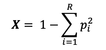 <p>When this diversity formula is applied to biodiversity, R represents the number of different species present in the community of interest (i.e., the richness), and pi represents the probability (on a scale from 0 to 1) of getting species “i” when you randomly pick an individual organism from that community. You can also think of pi as representing the proportion of the individuals made up by species i, because the probability is equal to the proportion.</p>