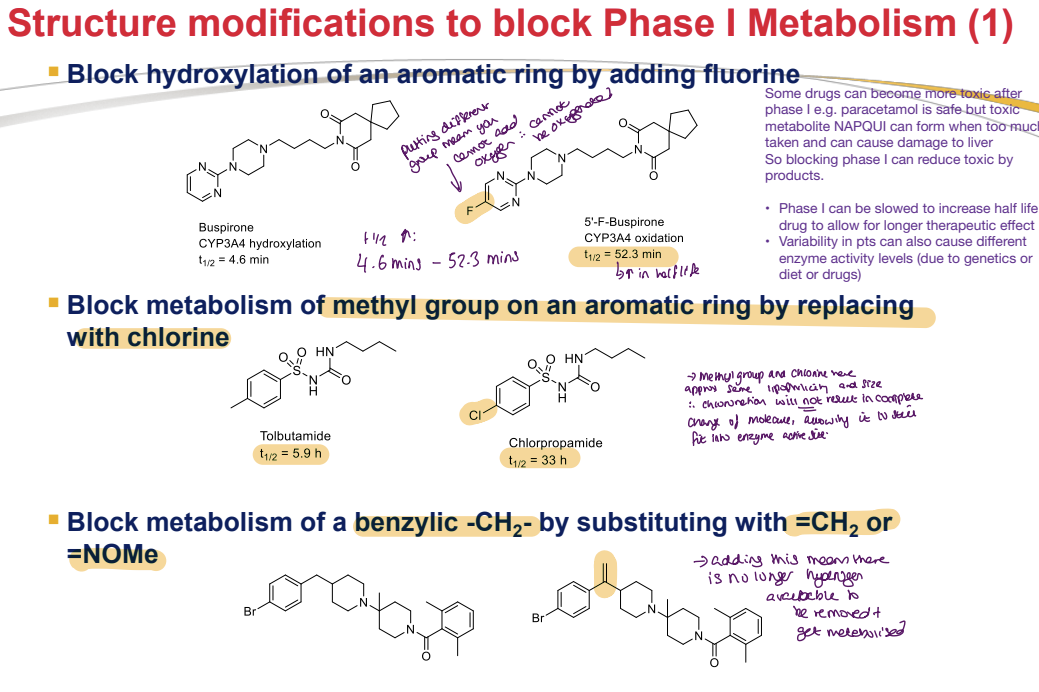 <ol><li><p><strong>Block Hydroxylation of an Aromatic Ring by Adding Fluorine</strong></p><p><mark data-color="red" style="background-color: red; color: inherit">Fluorine blocks the site of hydroxylation, reducing metabolism.</mark></p><p><mark data-color="red" style="background-color: red; color: inherit">Reduces toxic metabolites (e.g., paracetamol becomes toxic after Phase I).</mark></p><p><mark data-color="red" style="background-color: red; color: inherit">Slows Phase I, increasing drug half-life for longer therapeutic effects.</mark></p><ul><li><p><strong>Example</strong>: Buspirone → 5-F-Buspirone</p></li><li><p>Buspirone undergoes CYP3A4 hydroxylation (t₁/₂ = 4.6 min). / <strong>Adding </strong>fluorine (5-F-Buspirone) increases t₁/₂ to 52.3 min.</p></li></ul></li><li><p><strong>Block Metabolism of a Methyl Group on an Aromatic Ring by Replacing with Chlorine</strong></p><p><mark data-color="red" style="background-color: red; color: inherit">Methyl and chlorine are similar in size, but chlorination prevents metabolism at that site, slowing enzyme activity without altering the molecule's overall activity. Electron-withdrawing groups reduce electron density and stabilize the ring</mark></p><ul><li><p><strong>Example</strong>: Tolbutamide → Chlorpropamide</p></li><li><p>Tolbutamide has a t₁/₂ of 5.9 hours. / <strong>Replacing</strong> the methyl group with chlorine (Chlorpropamide) increases t₁/₂ to 33 hours.</p></li></ul></li><li><p><strong>Block Metabolism of a Benzylic -CH₂- by Substituting with =CH₂ or =NOMe</strong></p><p><mark data-color="red" style="background-color: red; color: inherit">Substituting with =CH₂ or =NOMe removes the hydrogen needed for metabolism, preventing the site from being metabolized.</mark></p></li></ol><p class="break-words"><strong>General Insight</strong>: These modifications aim to slow Phase I metabolism, extending drug half-life and reducing toxic metabolites while maintaining therapeutic efficacy.</p>