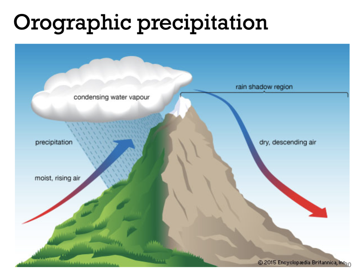 <p>Air forced up mountainsides and condensing as rain (so we get high rain on windward slopes of mountains and low rain on leeward - shielded with no wind - slopes of mountains). </p>