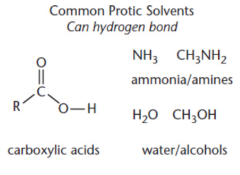 <p>hinder nucleophilicity by protonating the nucleophile or through hydrogen bonding</p><p>I<sup>-</sup> → Br<sup>-</sup> → Cl<sup>-</sup> → F<sup>-</sup></p>