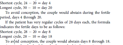 <p>Based on the number of days in each cycle, counting from the first day of the menstrual cycle. </p><p>The fertile period is determined after accurately recording the length of menstrual cycles for 6 to 12 months. </p><p>The beginning of the fertile period is estimated by subtracting 20 days from the length of the shortest cycle. The end of the fertile period is determined by subtracting 10 days from the length of the longest cycle. </p>