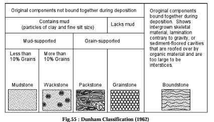 <p>Mudstone “<10% figured elements”;</p><p> Wackstone “>10% figured elements”;</p><p> Packstone “joined with little carbonate mud”; </p><p>Grainstone “>10%… with sparite”;</p><p> Boundstone “limestone built.” </p><p class="not-prose mt-0! mb-0! flex-auto truncate"></p>