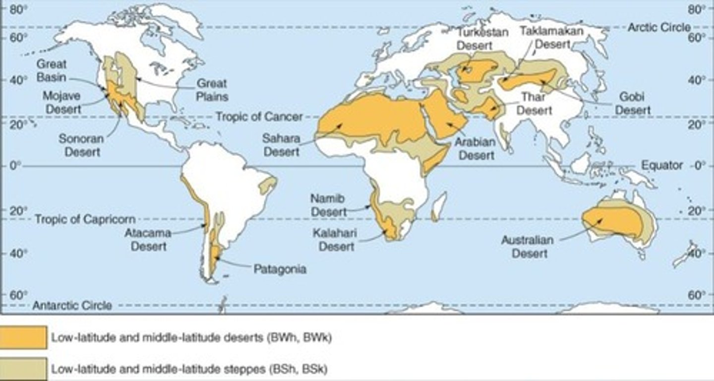 <p>Arid regions with desert cores transitioning to semiarid steppe climates.</p>