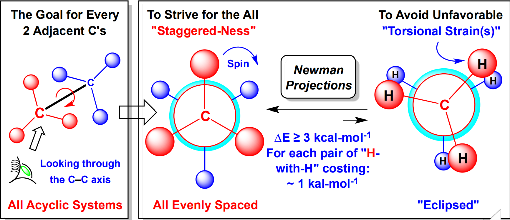 <p>Conformational isomers have inherently different energies</p><ul><li><p>For all Acyclic systems look through the C-C axis </p></li><li><p>Staggered &gt; Eclipsed because it avoids torsional strain caused from steric repulsion </p></li></ul><p></p>