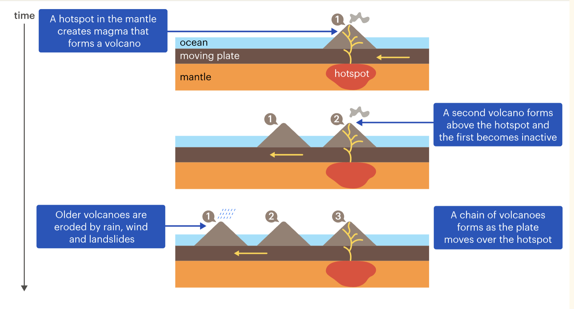 <ol><li><p>A hotspot in the mantle creates magma that forms a volcano</p></li><li><p>A second volcano forms above the hotspot and the first becomes inactive</p></li><li><p>Older volcanoes are eroded by rain, wind and landslides</p></li><li><p>A chain of volcanoes forms as the plate moves over the hotspot</p></li></ol>