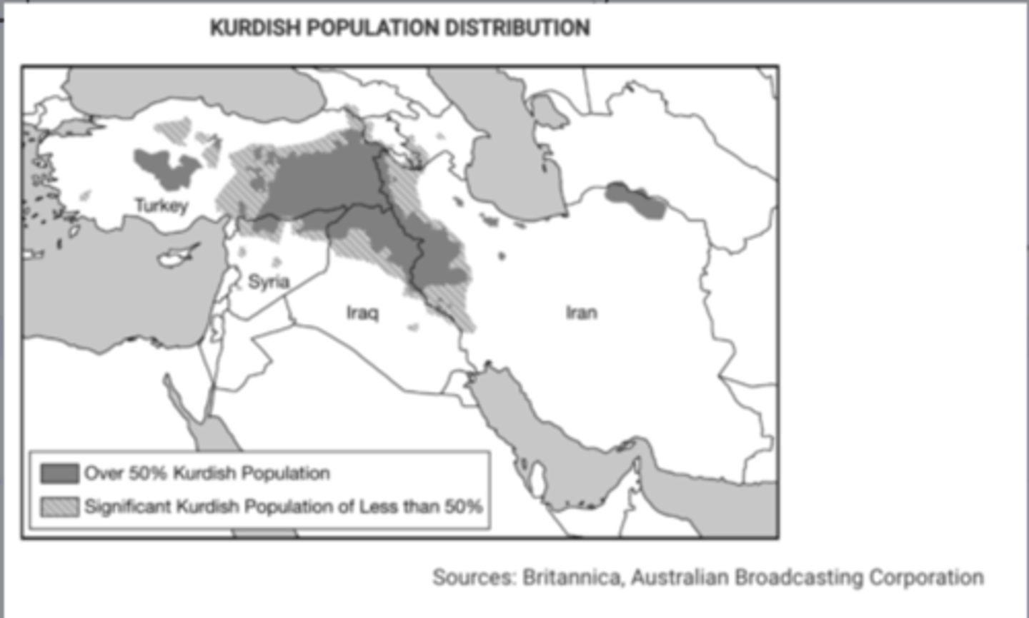 <p>The Kurdish people, seeking a state of their own with a majority Kurdish population, might secede from or rebel against the states labeled on the map.</p>