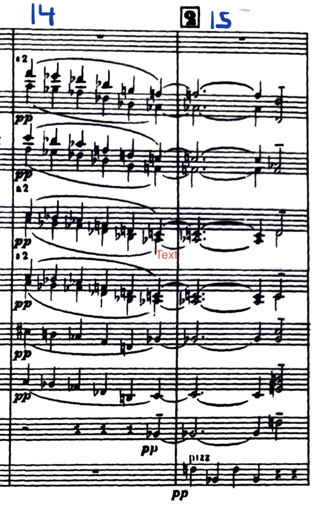 11-16 starts same as R1 but with strings rather than woodwind 

Parallel dominant 9ths in bar 14 w/ melody based on overlapping E flat and G min pentatonic scales 

Notes falling in fiths in bar 15 becoming increasingly important