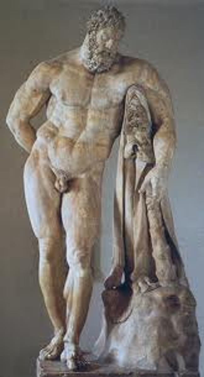<p>- Large, powerful, muscular Herakles; but tired &amp; worn out facial expression</p><p>- Holding golden apples of Hesparities from the 12 labors</p><p>- Exhausted from the 12 labors</p><p>- New perspective of Greek gods: human like faults</p>