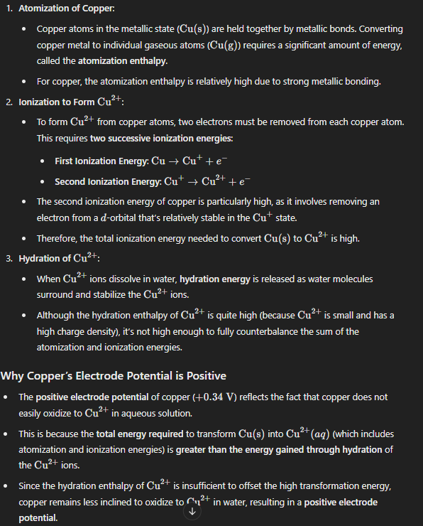 <p>The high transformation energy from Cu<sub>(s)</sub> to Cu<sup>2+</sup><sub>(aq) </sub>is not balanced by hydration enthalpy</p>