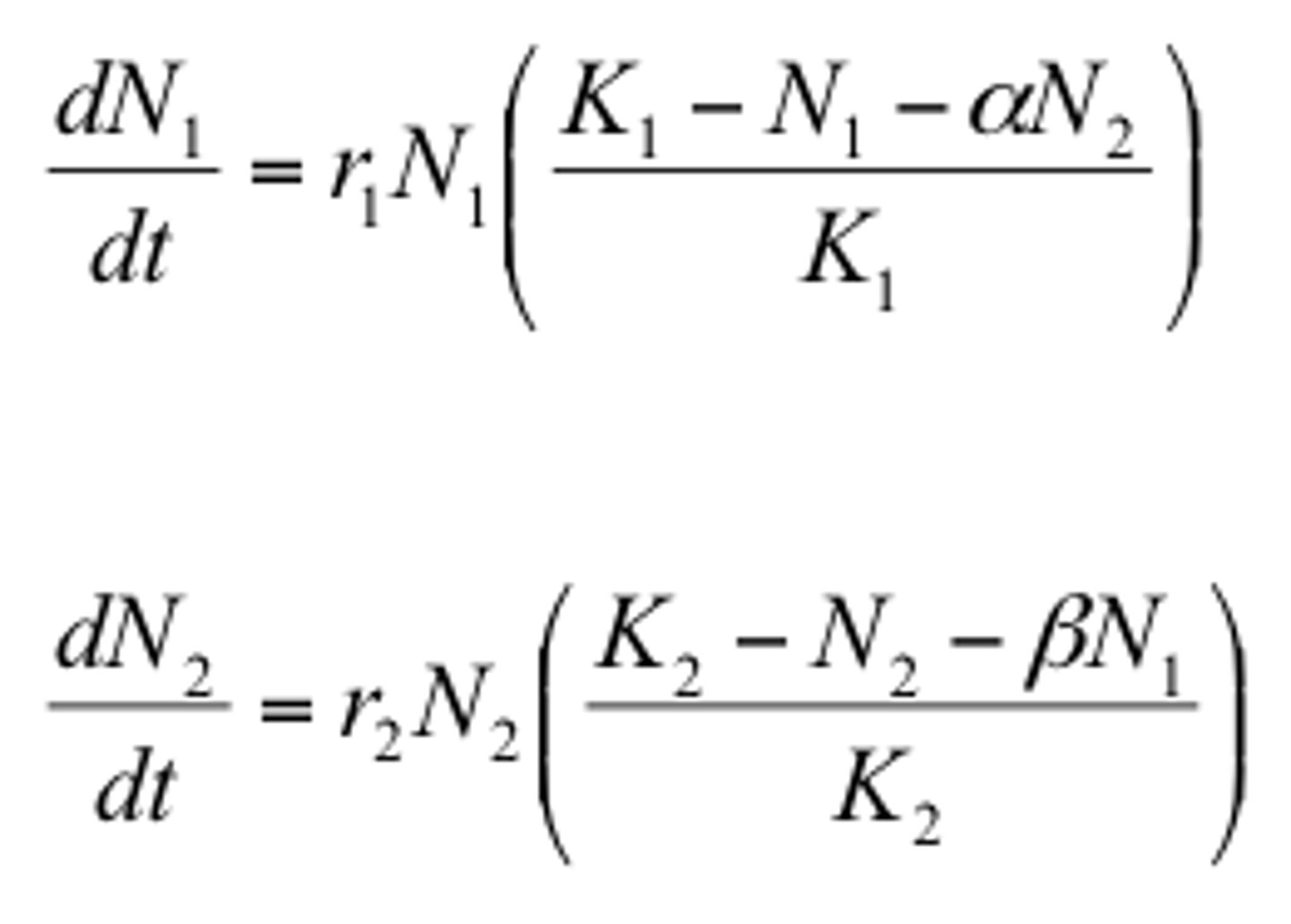 <p>Logistic Growth Model for <u>interspecific competition between two species</u>. <strong>Predicts how the population of one species changes depending on its own size and the size of another species it interacts with.</strong></p>