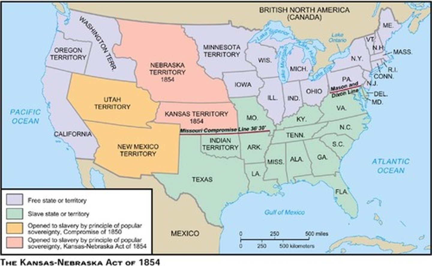 <p>1854. Proposed that the issue of slavery be decided by popular sovereignty in the Kansas and Nebraska territories, thus revoking the 1820 Missouri Compromise. Introduced by Stephen Douglass in an effort to bring Nebraska into the Union and pave the way for a northern transcontinental railroad.</p>