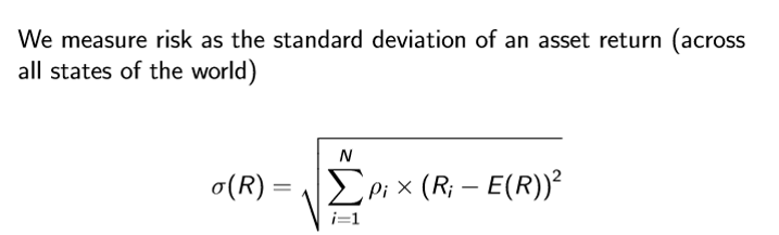 <p>negative correlation; increase in risk reduces demand</p><p>std dev</p><p>sum all probability x squared deviation, then sqrt</p>