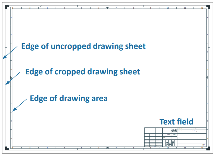 <ul><li><p>Edge of uncropped drawing sheet</p></li><li><p>Edge of cropped drawing sheet</p></li><li><p>Edge of drawing area</p></li><li><p>Drawing area</p></li><li><p>Text field</p></li></ul><p></p>