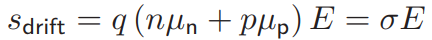 <ul><li><p>As the sum of the electron and hole current densities</p></li><li><p>Current density of a charge carrier is the absolute value of its speed multiplied by the respective charger density (n or p) and the elementary charge q</p></li><li><p>Mobility factor, elementary charge and charger density is summarized by the parameter <span>σ (conductivity)</span></p></li></ul><p></p>