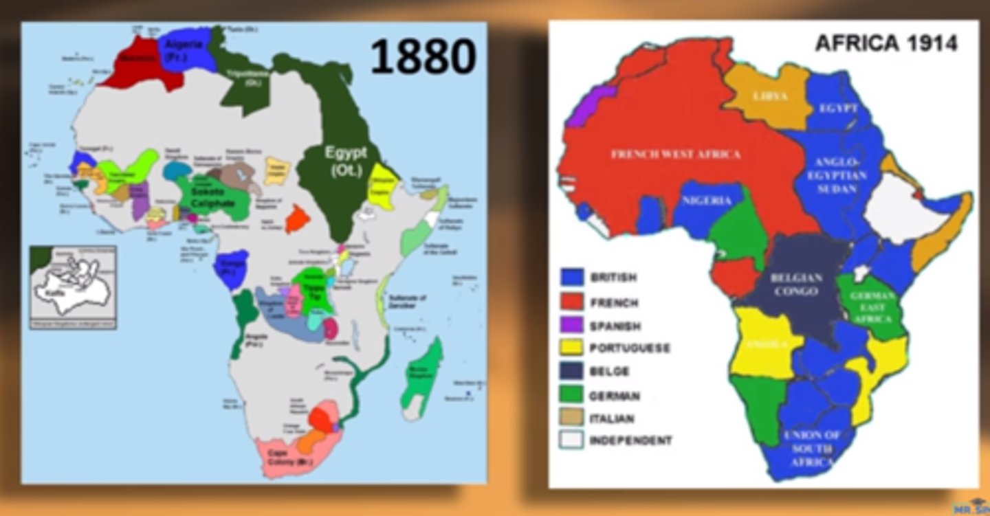 <p>Sudden wave of conquests in Africa by European powers in the 1880s and 1890s. Britain obtained most of eastern Africa, France most of northwestern Africa. Other countries (Germany, Belgium, Portugal, Italy, and Spain) acquired lesser amounts.</p>