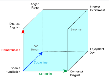 <p>Monoamine neurotransmitters are&nbsp;serotonin, dopamine, and norepinephrine. </p><p>You can get at least eight different emotions from a small number of neurotransmitters because of the combinations of the neurotransmitter levels. There are different levels of each, from high to low, and combining them in different ways creates different emotions according to Lovheim. He visualized this with a cube where the eight emotions are on the corners, and they each have a high and low intensity version. For example, anger/rage has high levels of dopamine and serotonin and low levels of norepinephrine.(Draw cube with anger in top left)</p>