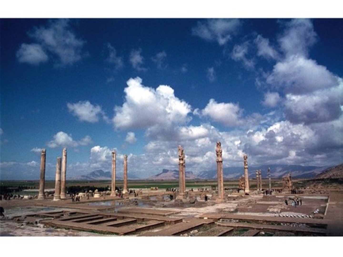 <p>-Distinctive capitals (top section at the tip of the column with decorative features). Capitals have horses and other animals on the top. Persian style</p><p>Assyrian palace styles shown in capitals.</p><p>-Hypostyle hall where ceremonies are held.</p><p>-Gate of Almations: main entrance to the city that incorporated wall similarities with other empires</p><p>-Processional relief carvings with satrapy and hellenization</p>