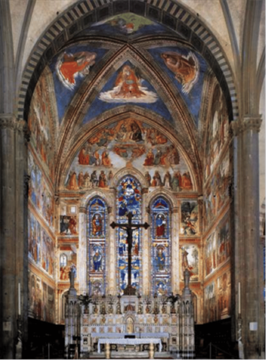 <p>aside from the frescoes, the artist also designed the ___ of the chapel, which were colored to accentuate specific frescoes</p>