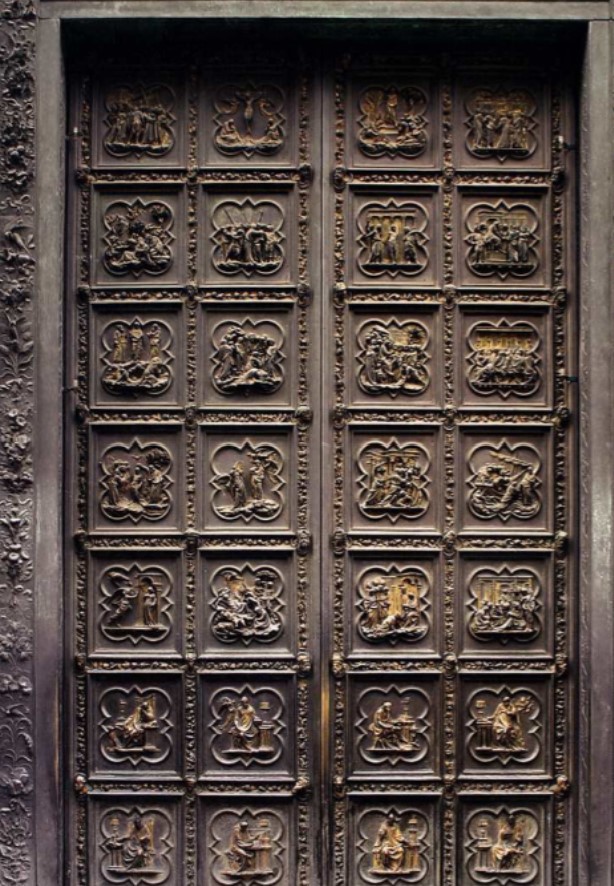 <p>North doors of Florence Baptistery, gilded bronze, Ghiberti, 1403-1424, Baptistery of San Giovanni, Florence, Italy</p>
