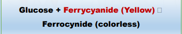 <p>Ferric Reduction Method, Inverse colorimetry (1)</p><ul><li><p>The standard <span style="color: yellow">sodium is treated with potassium ferricyanide.</span></p></li><li><p>A part of ferricyanide is reduced by glucose to <span style="color: yellow">ferrocyanide</span>. The remaining ferricyanide is determined from the amount of iodine liberated.</p></li></ul><p>REAGENT:</p><ul><li><p><span style="color: red">Ferrycyanide (Yellow)</span></p></li></ul><p></p>