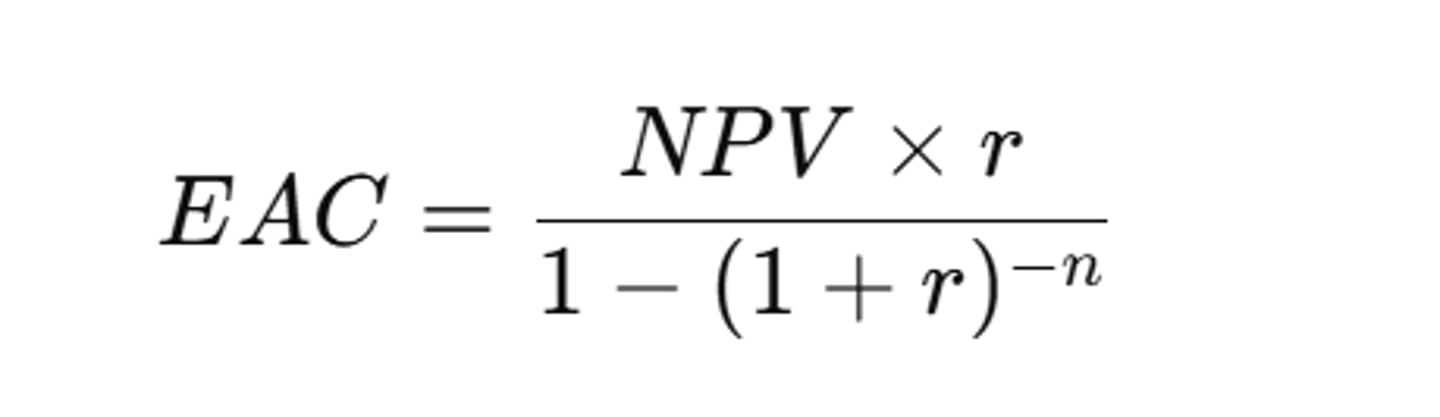 <p>D 1; NPV = total discount cash flow year 1+2+3 - 750000</p><p>=(250,000 / (1 + 0.1175)^1) + (400,000 / (1 + 0.1175)^2) + (600,000 / (1 + 0.1175)^3) -750000 = 223,960.33</p><p>2; EAC = (NPV*r)/(1-(1+r)^-n)</p><p>= (223,960.33*0.1175)/(1-(1+0.1175)^-3) ≈ 92,845</p>