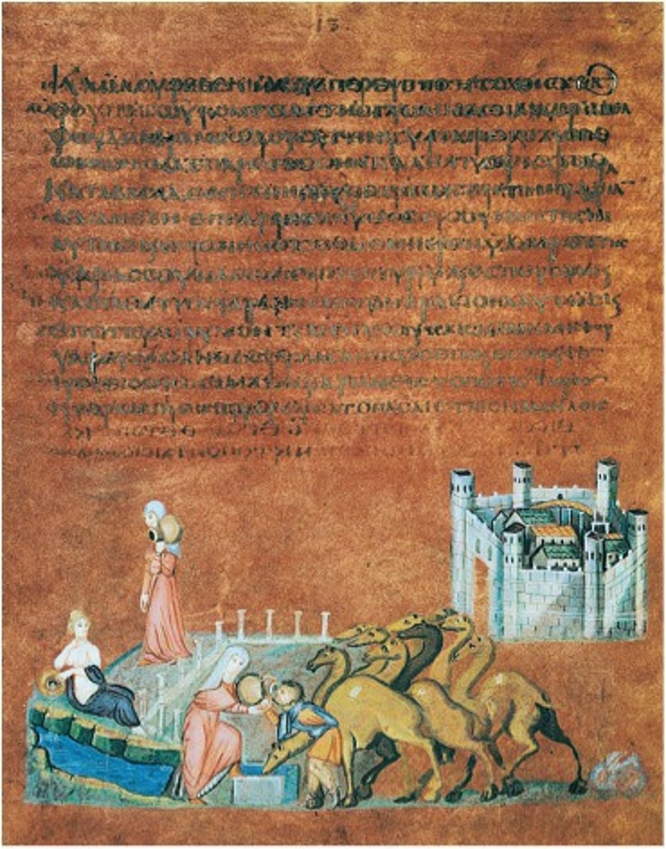 <p>A scene from the illuminated manuscript known as the Vienna Genesis, depicting the Biblical story of Rebecca and Eliezer.</p>