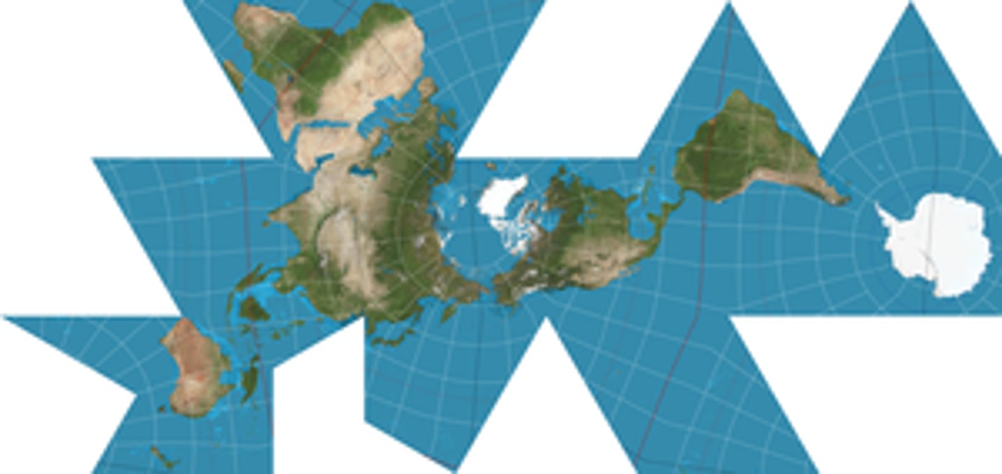 <p>map that projects the globe onto a polyhedron, preserving size and shape but completely distorting direction</p>