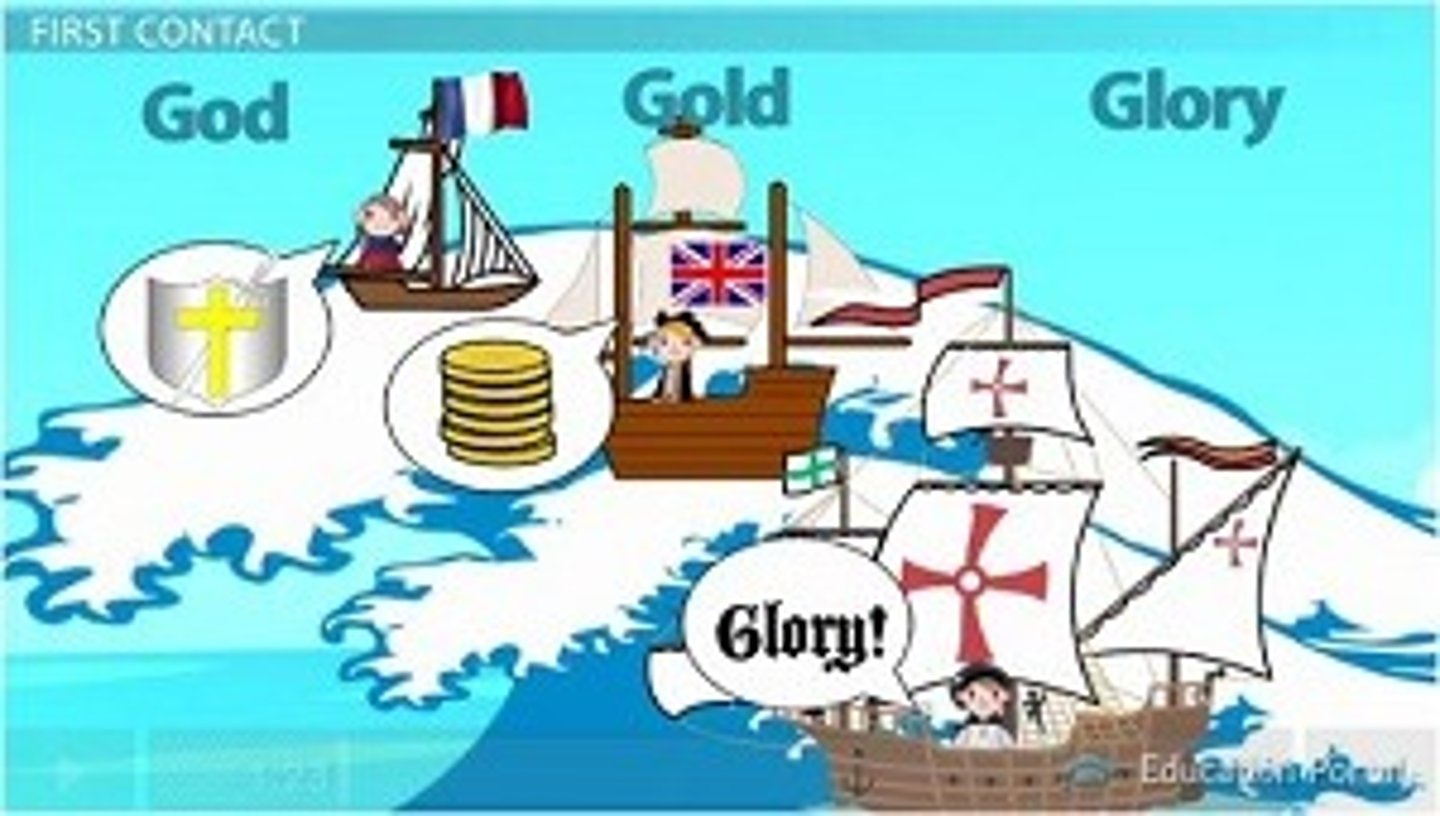 <p>Gold (riches)</p><p>God (spread Christianity)</p><p>Glory (expand empires)</p>
