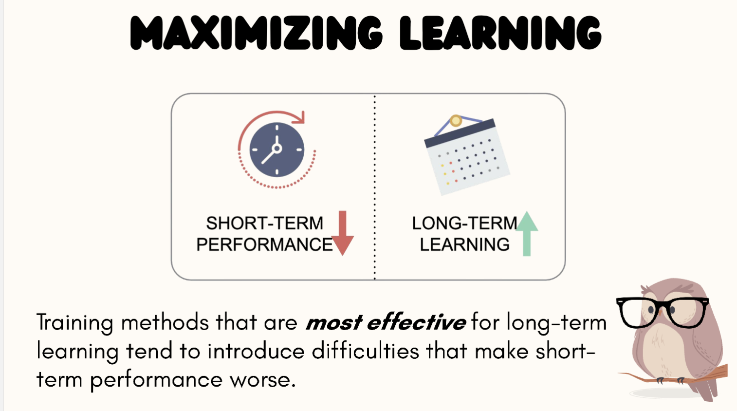 <p>(Desirable Difficulties) Methods that are most effective for long-term learning tend to introduce difficulties that make short-term performance worse.</p>