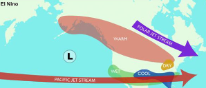 <p>causes the Pacific jet stream to move south and spread further east<span>. During winter, this leads to wetter conditions than usual in the Southern U.S. and warmer and drier conditions in the North.</span></p>