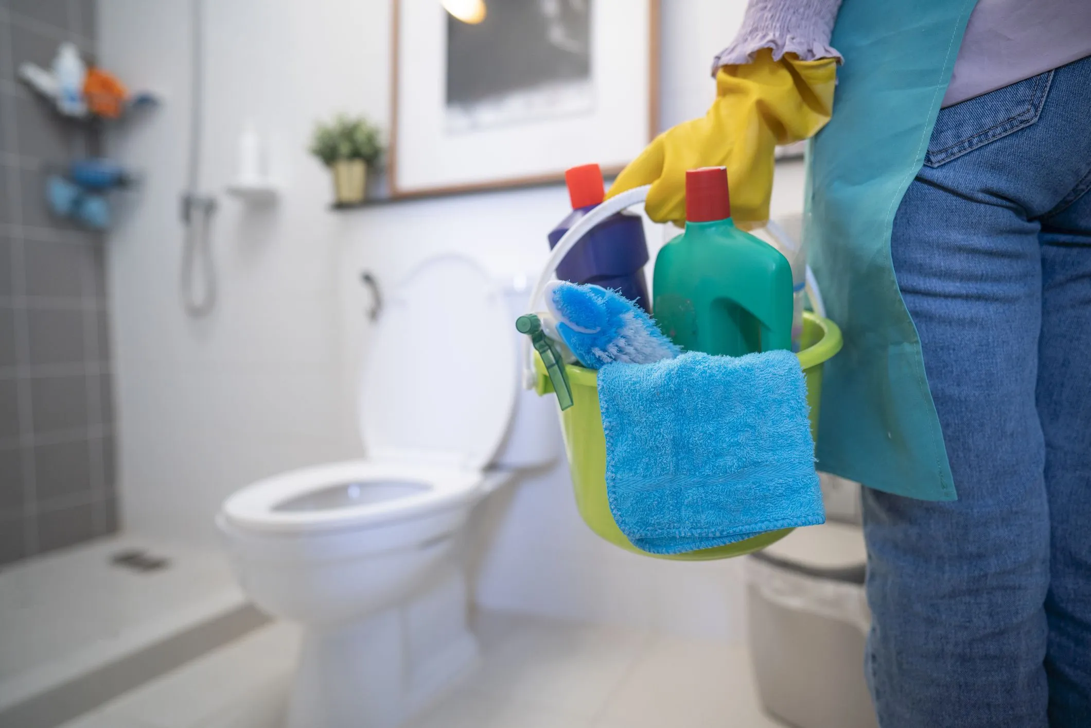 <p>Cleaning the bathroom</p>