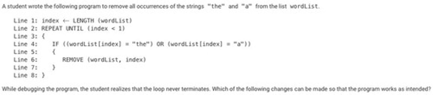 <p>A: Inserting index ← index + 1 between lines 6 and 7</p>