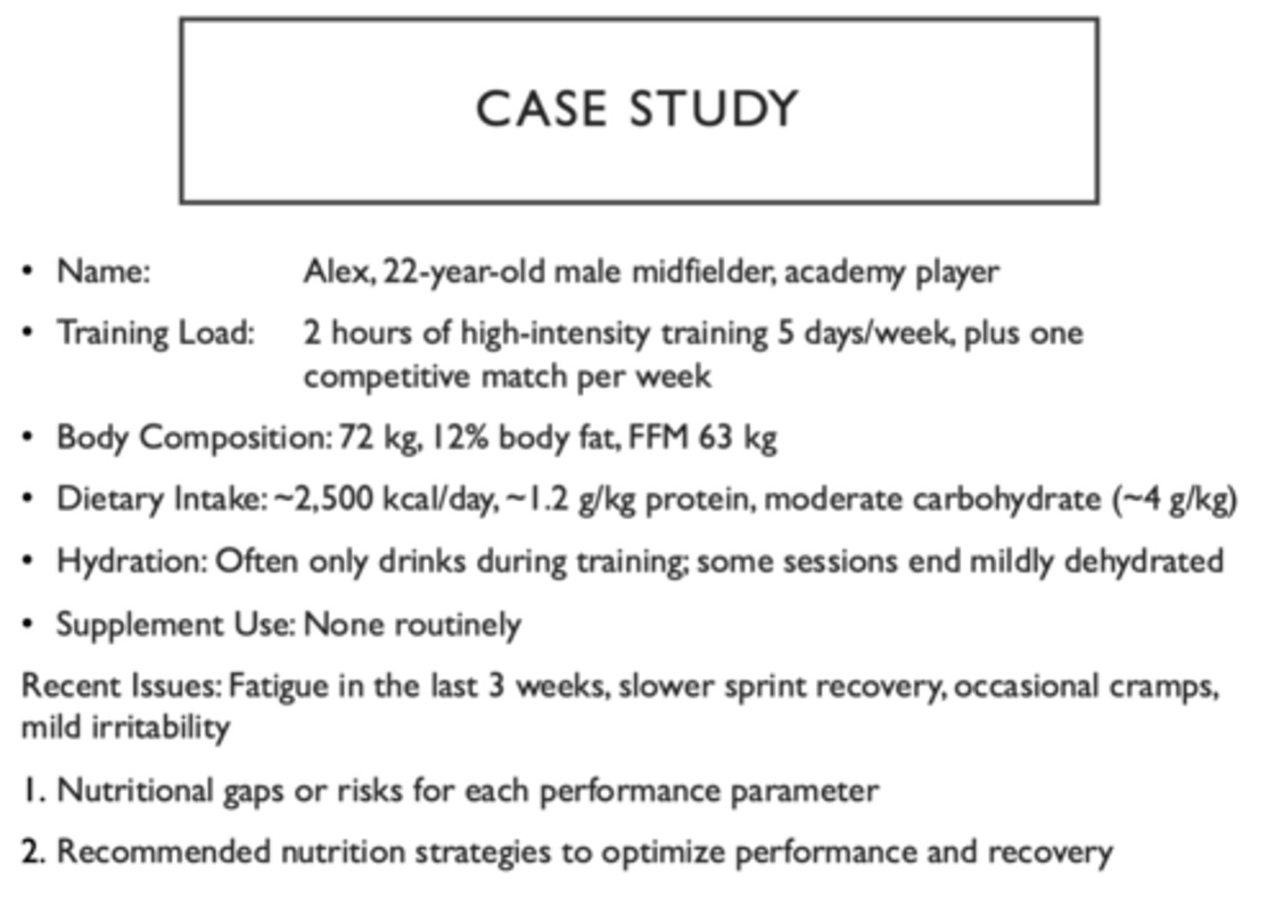 <ul><li><p>Protein is low → move up to 1.6g/kg </p></li><li><p>CHO is low → move to 5-7g/kg CHO, match days 6-8g/kg</p></li><li><p>Hydration: ensure hydration and electrolyte </p></li></ul><p></p>