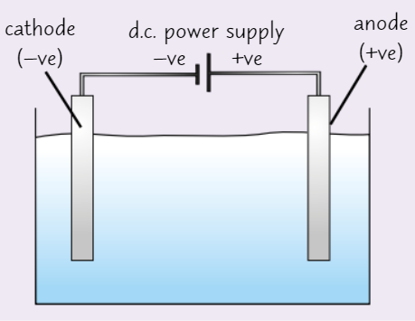 <ol><li><p>Get <strong>two inert electrodes</strong> e.g. graphite/platinum electrodes</p></li><li><p>Clean surfaces of two electrons using <strong>emery paper</strong> (or sandpaper)</p></li><li><p>From this point, be careful<strong> not to touch</strong> surfaces of electrodes with hands - could transfer grease back onto strips</p></li><li><p>Place both electrodes into <strong>beaker</strong> filled with <strong>electrolyte</strong></p></li><li><p>Connect electrodes to power supply using <strong>crocodile clips</strong> + <strong>wires</strong></p><p>When you turn power supply on, a <strong>current</strong> will flow through cell</p></li></ol>