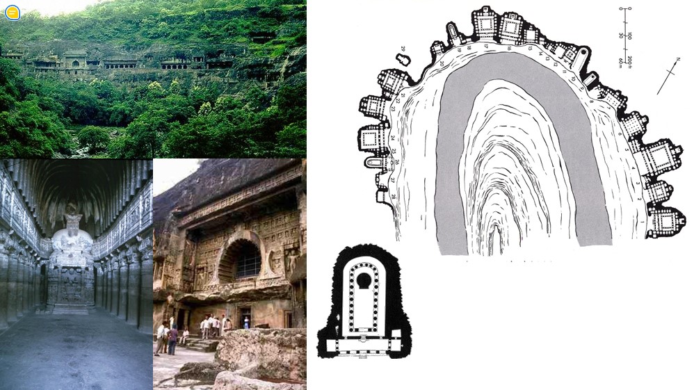 <ul><li><p>a place of worship, shrine, prayer hall and a place of living for the Buddhist monks</p></li><li><p>The Ajanta caves were to celebrate a royal marriage— a physical manifestation of a connection of kingdoms. the largest assemblage of rock-cut chaityas and viharas anywhere in south Asia </p></li><li><p>imitating timber through stone, rock cut</p></li><li><p>a place to stay and be educated, with liturgical Buddhist symbolism and artistic programs to reach nirvana </p></li></ul><p>COMPARE- Petra </p>