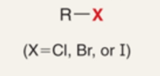 <p>A hydrocarbon in which a halogen substituent (X = Cl, Br, or I) is attached to an alkyl group (R–X).</p>