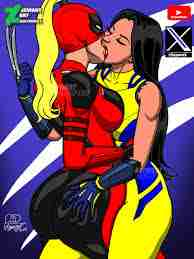 <p>Lady deadpool kissing a lady(lady)</p>