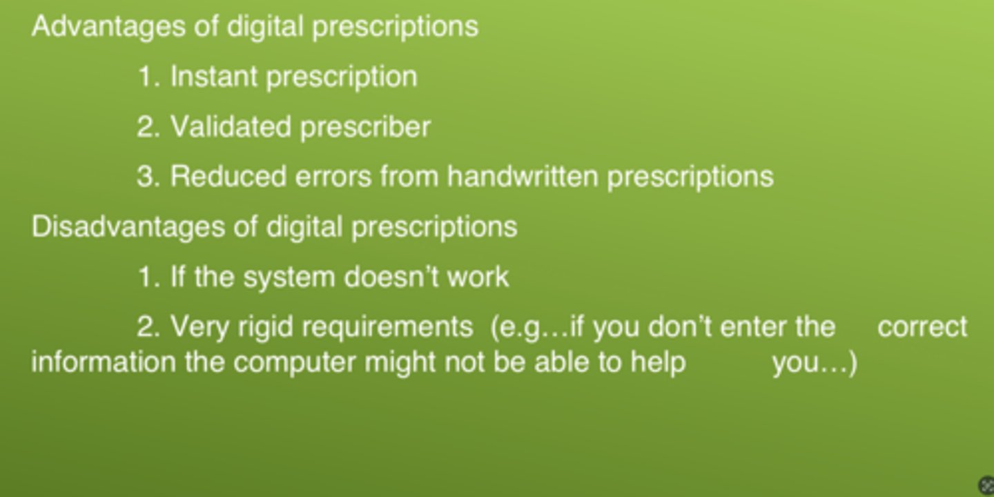 <p>no errors in reading handwriting</p><p>(slide also mention instant prescription and validated prescriber)</p>