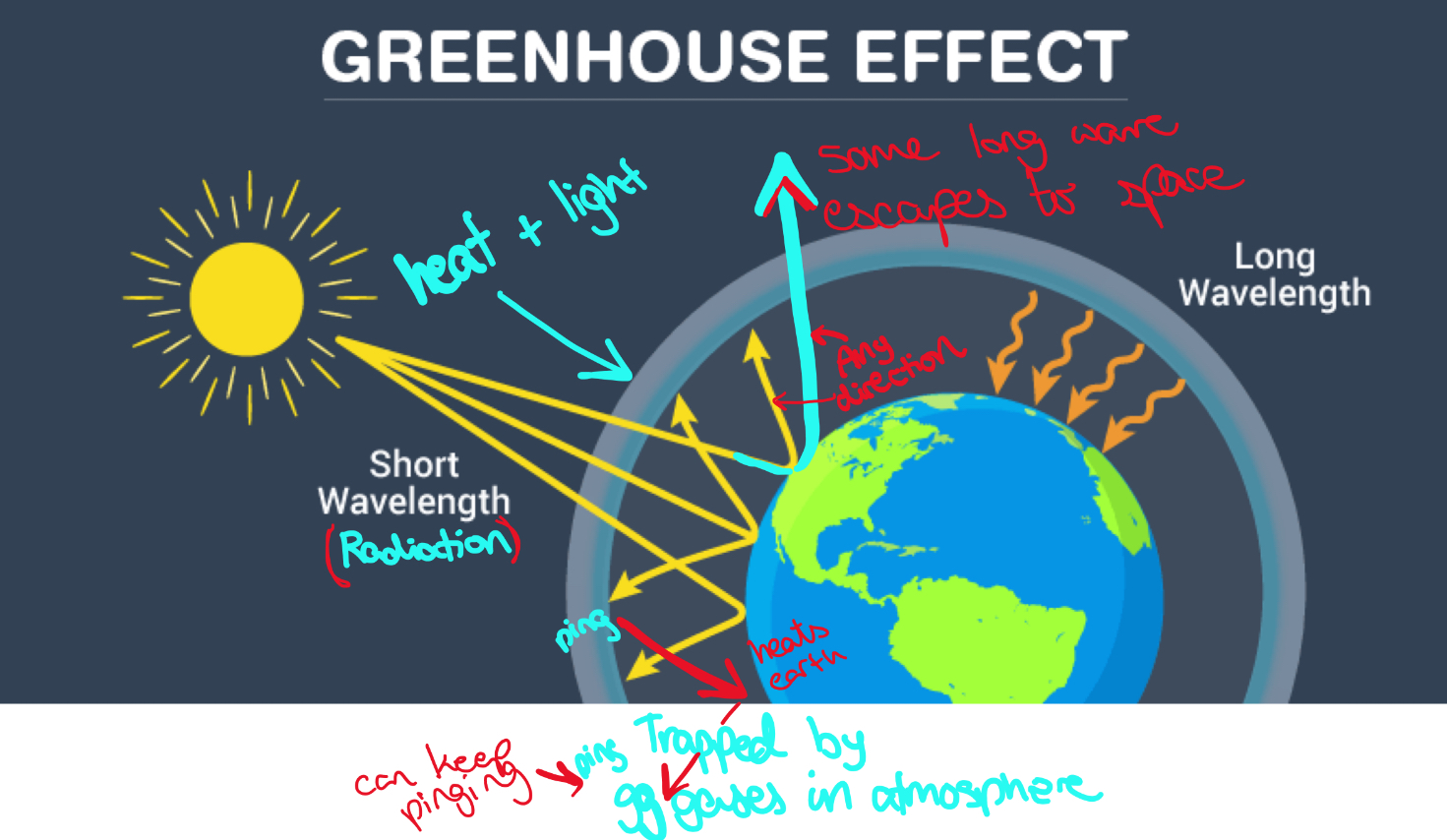 <p><span style="color: rgb(77, 81, 86)">Some of the infrared radiation from the Sun passes through the atmosphere, but most is absorbed and re-emitted in all directions by greenhouse gas molecules and clouds. The effect of this is </span><strong>to warm the Earth's surface and the lower atmosphere</strong></p>