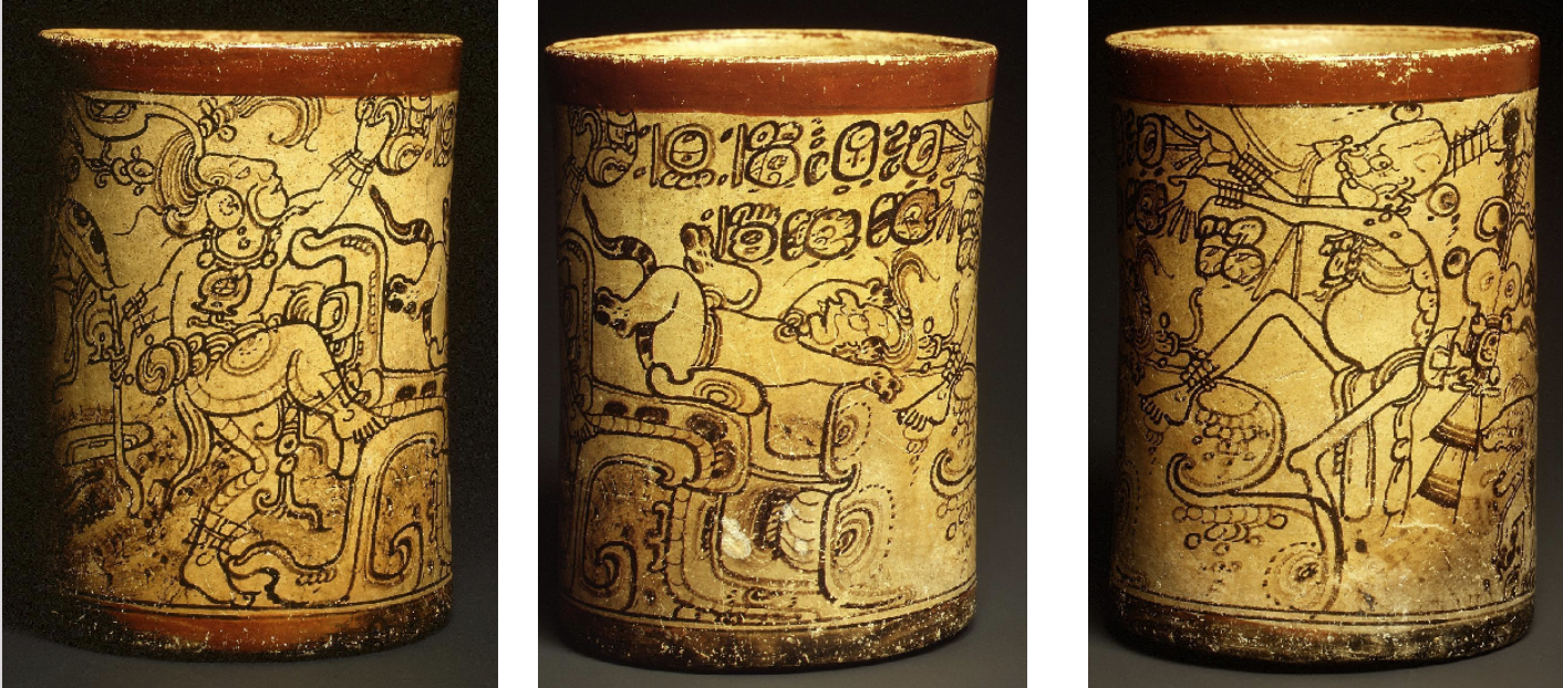 <p>figure on the snake altar (same pose as pacal), a sacrificial figure, chaak, and death god</p>