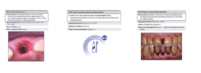 <p><strong>diabetes </strong>and <strong>smoking</strong></p><p>Grade 0 recommendation - open, not robust evidence if you don’t<strong> find KT,</strong> but in pt with deficiency of KT mucosa and experience pain on brushing might decide to increase KT width&nbsp;</p><p>Thickness of peri-implant tissue - low grade, augment thickness of tissue to tx peri-implant disease not much evidence - negative recommendation&nbsp;</p><p>OHI - Grade A</p><p>grade 0 - impact of bruxism and parafunctional habits&nbsp;</p>