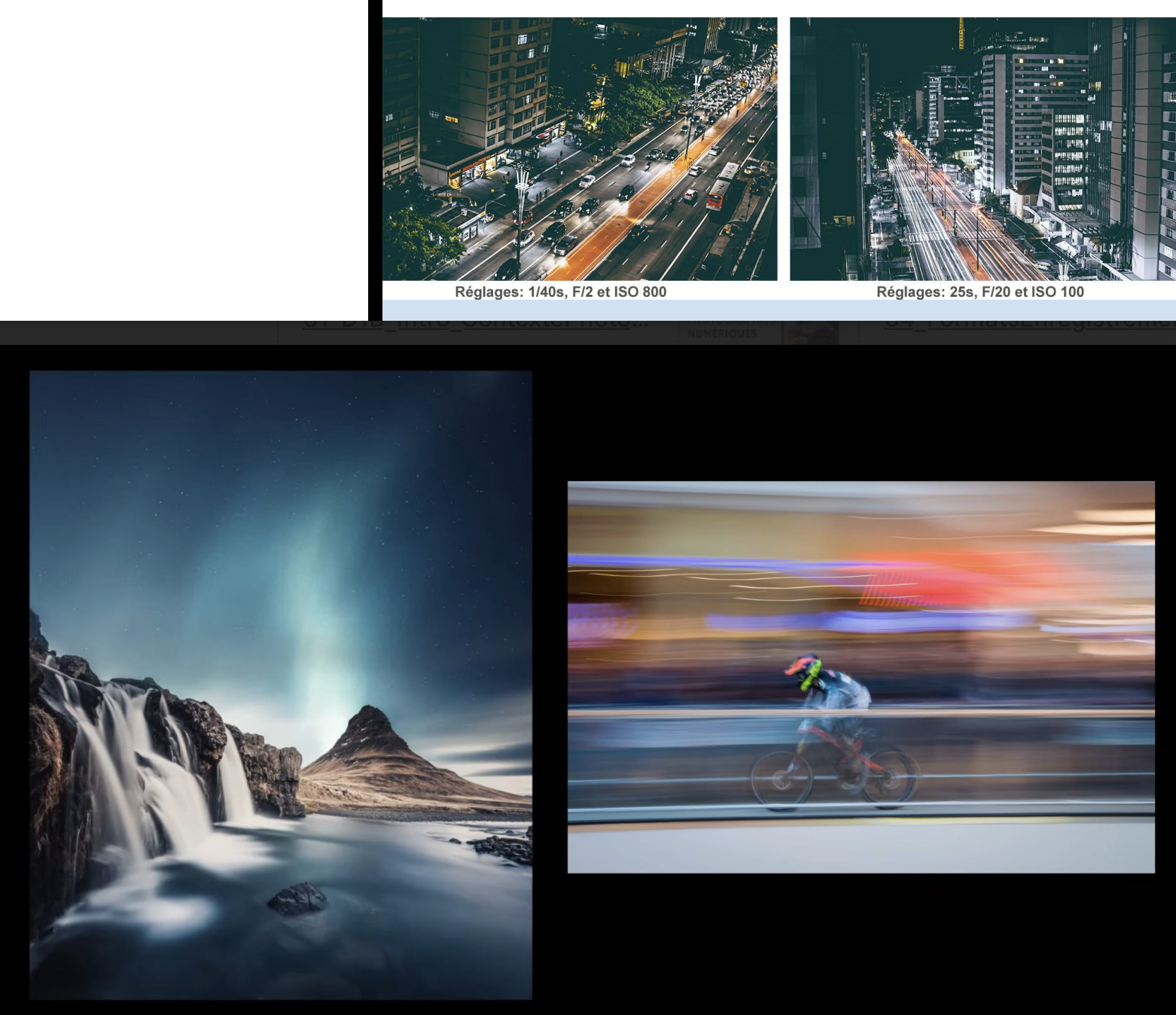 <ul><li><p>permet de figer ou non un mouvement (→ flou de mouvement)</p></li><li><p>p.ex vitesse de 1/40 = voiture en circulation parfaitement figées</p></li><li><p>p.ex vitesse de 25” = circulation est qu’une longue traînée lumineuse</p></li></ul><p></p>