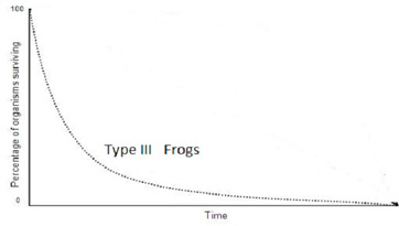 <p>a pattern of survival over time in which there is low survivorship (a high death rate) early in life with few individuals reaching adulthood (applies to r-selected species as they provide no parental care = high infant mortality)</p>