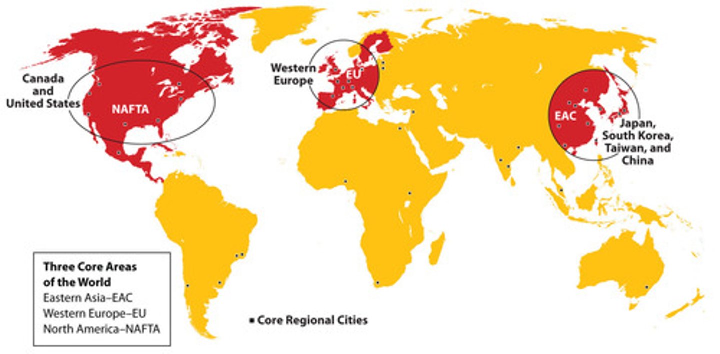 <p>developed, HIC countries <br><br>send FDI, loans, and bilateral aid to periphery regions <br>receive repayments, interest and repatriations from periphery regions <br><br>Tiger economies <br>Trade blocs (NAFTA(replaced by usmca) , EU)<br>G7 <br>BRICs<br><br>Hong Kong, London, New York, Paris</p>