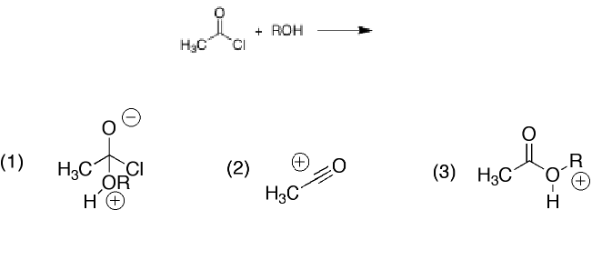 <p>Which of the following species is not an intermediate in the reaction of acid chloride with alcohol?</p>