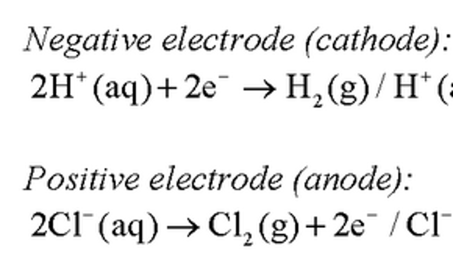 <p>1. Brine is a concentrated solution of aqueous sodium chloride</p><p>2. It can be electrolysed using inert electrodes made from platinum or carbon/graphite</p><p>3. When electrolysed, it produces bubbles of gas at both electrodes as chlorine and hydrogen are produced, leaving behind sodium hydroxide solution</p><p>Product at the Negative Electrode:</p><p>The H+ ions are discharged at the cathode as they are less reactive than sodium ions</p><p>The H+ ions gain electrons to form hydrogen gas</p><p>Product at the Positive Electrode:</p><p>The Cl- ions are discharged at the anode</p><p>They lose electrons and chlorine gas forms</p><p>The Na+ and OH- ions remain behind and form the NaOH solution</p>