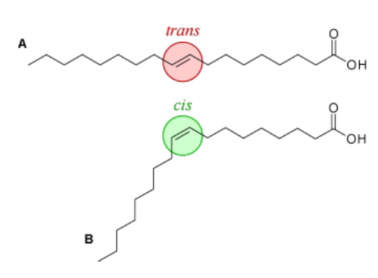 <p><strong>Trans:</strong> Doble enlace lineal. Es más difícil de romper y son malas para la salud.</p><p><strong>Cis:</strong> Quiebra el AG y es más fácil de digerir.</p>
