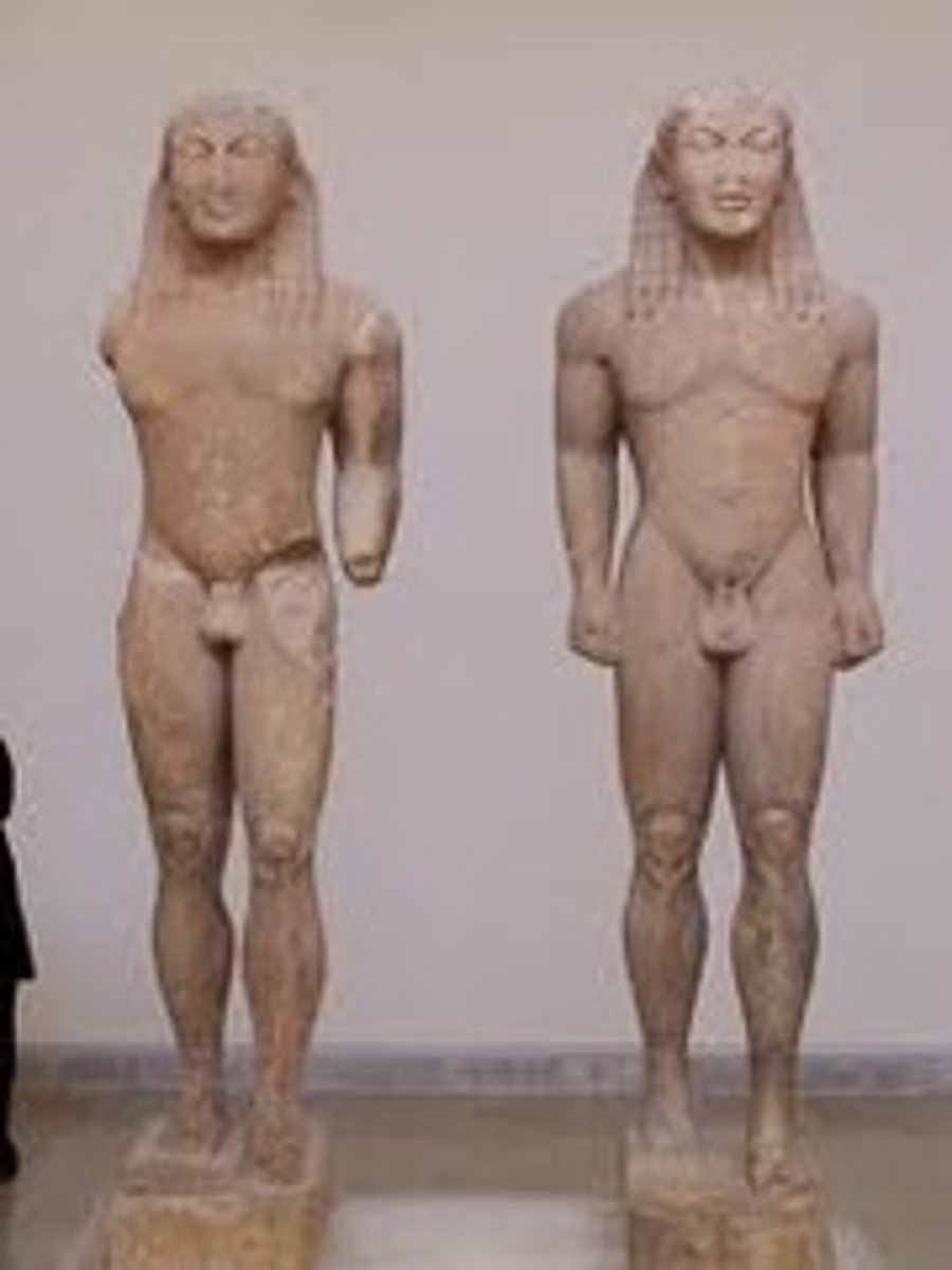 <p>Polymedes of Argos, 615-590 BC</p><p>traditional, "the boy" type, human figure exposed (new by Greeks), unconstrainted by realism</p>